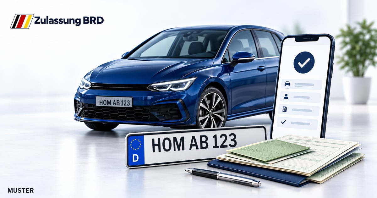 Online Fahrzeugzulassung in Mandelbachtal: Musterkennzeichen HOM AB 123, Auto und Fahrzeugpapiere und Smartphone. Illustration mit Logo von Zulassung BRD.